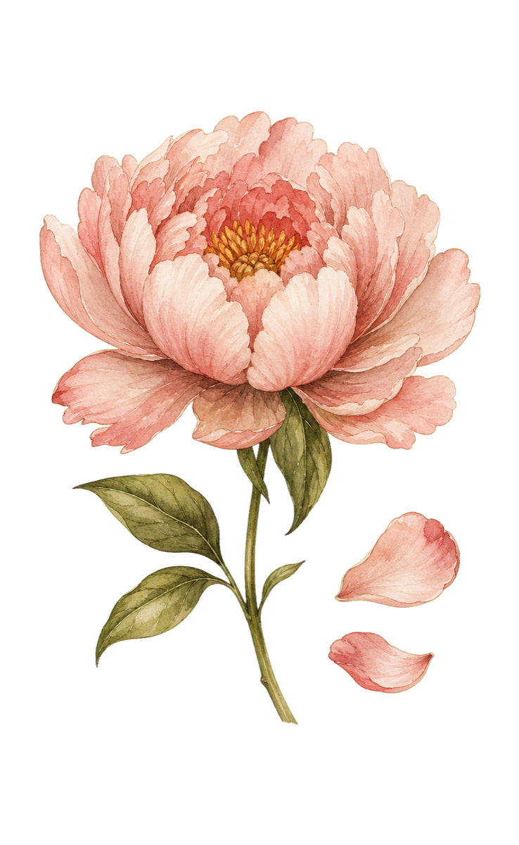 A watercolor peony in full bloom