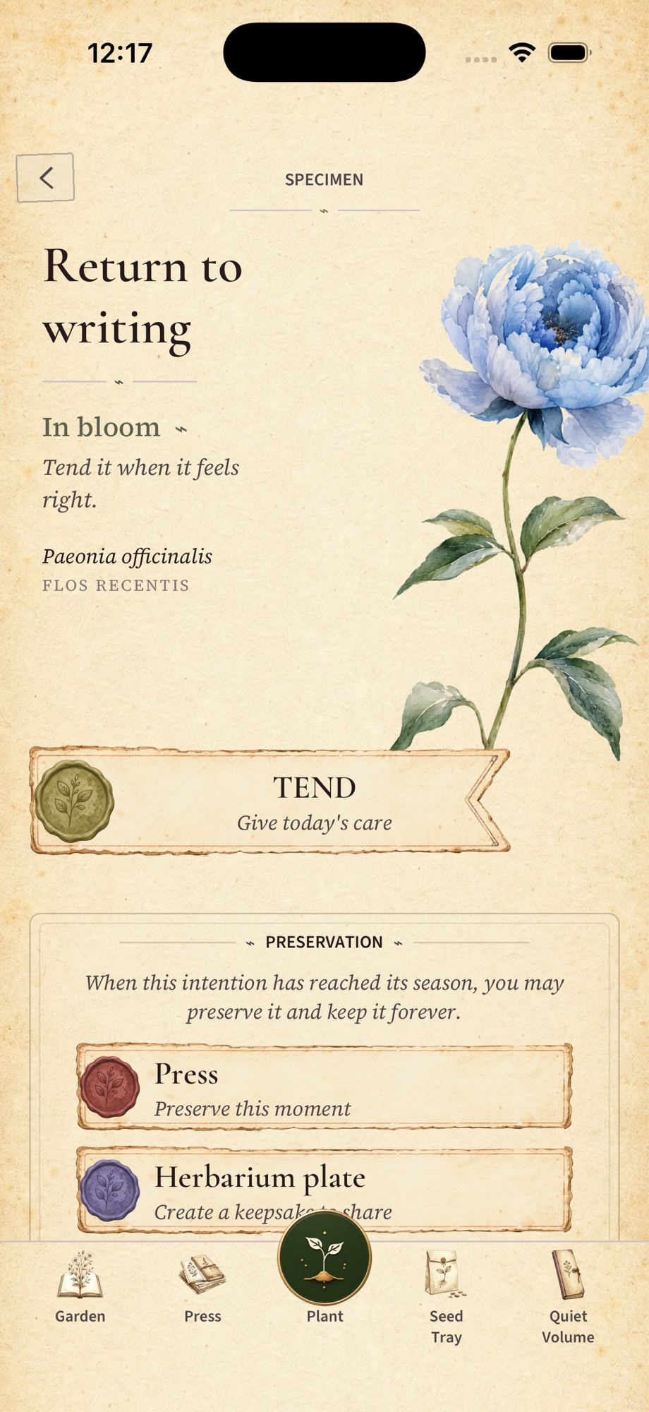 The Decay Specimen screen for the intention Return to writing